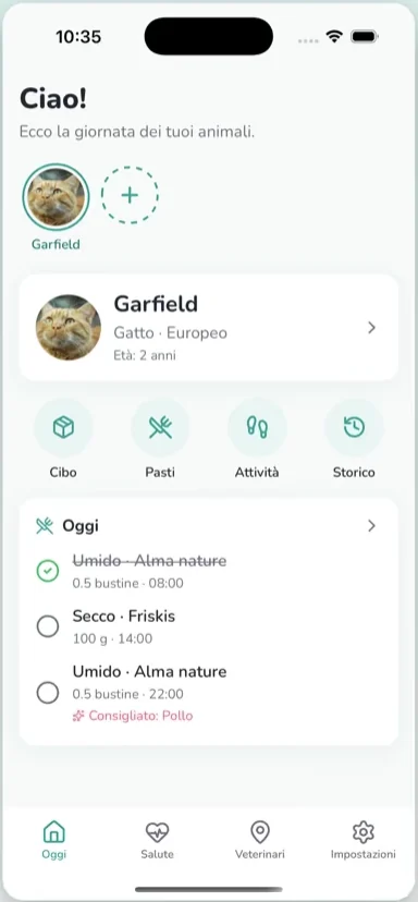 La schermata Oggi di PetsToLove: la scheda del gatto Garfield, le scorciatoie e i pasti della giornata
