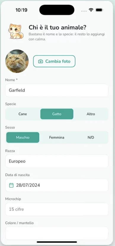 La creazione della scheda animale in PetsToLove: nome, specie, sesso, razza, data di nascita e microchip